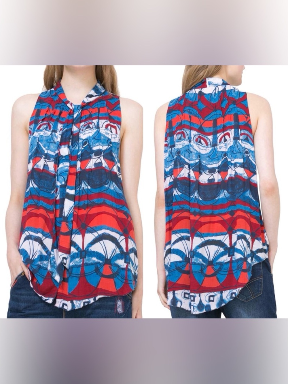 DESIGUAL TINTA SLEEVELESS WOVEN SHIRT TUNIC RED & BLUE HIGH LOW, TIE NECK, SMALL